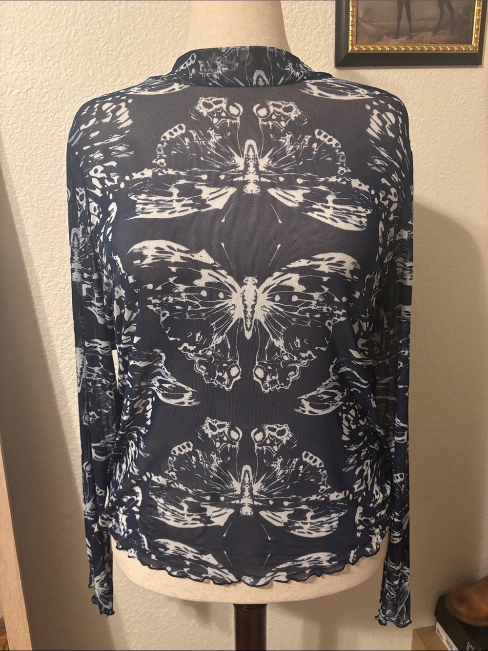 Lane Bryant Sheer Mesh Butterfly Long-Sleeve Top- Navy and White-Size 18/20